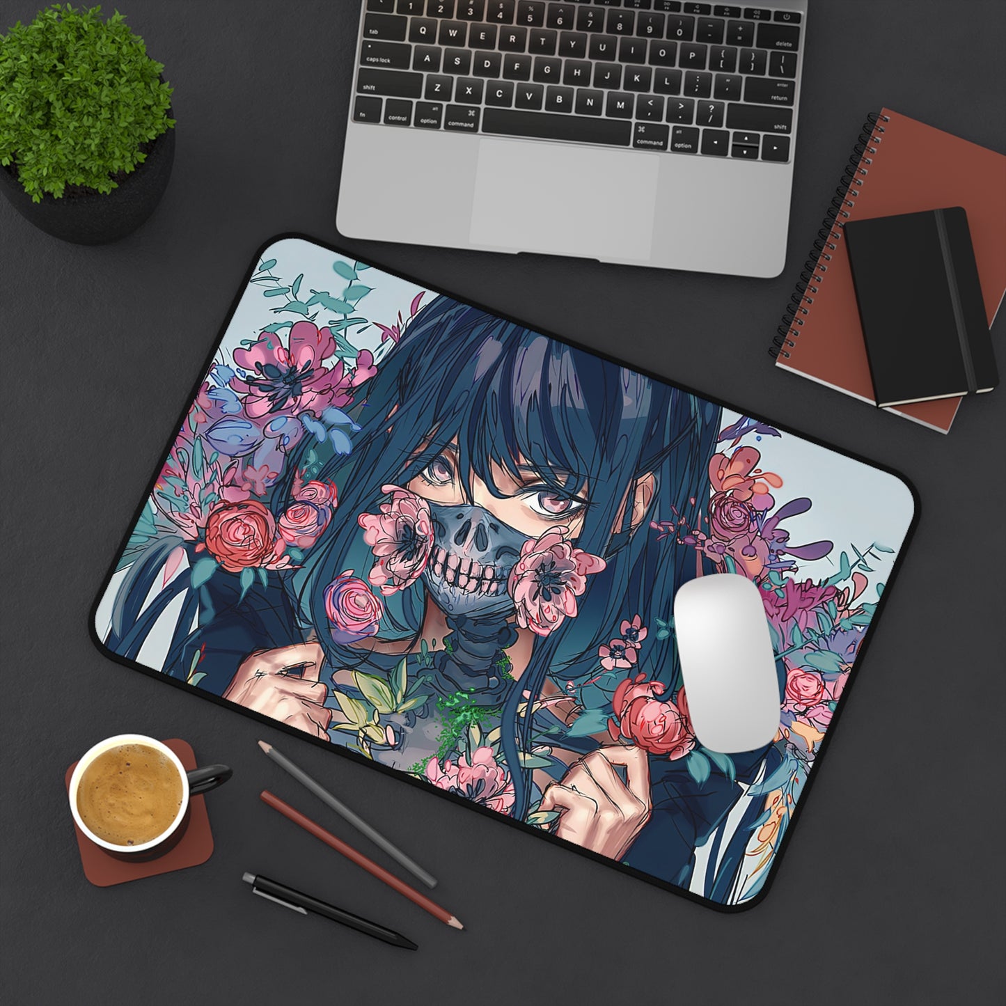 Anime Girl with mask and flowers Desk Mat