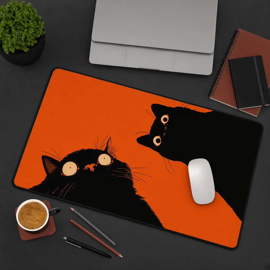 Two Black Cats on a Bright Orange Desk Mat
