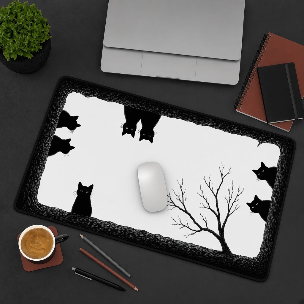 Black Cats in a Hollow Tree Desk Mat