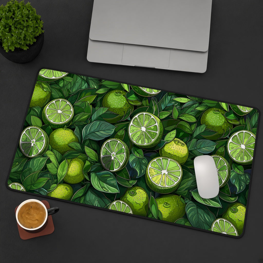 Green Lime and Tropical Leaf Illustration Desk Mat