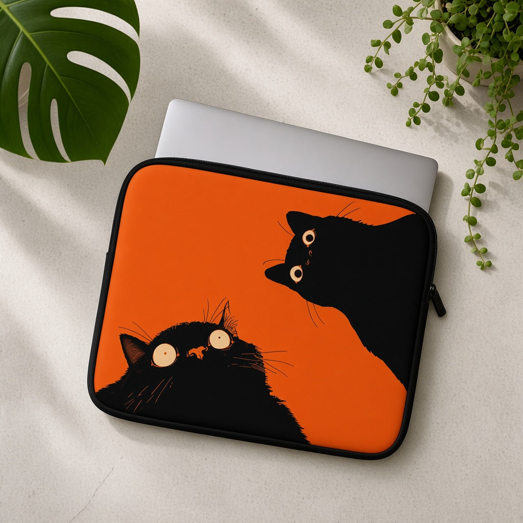 Two Black Cats on a Bright Orange Laptop Sleeve