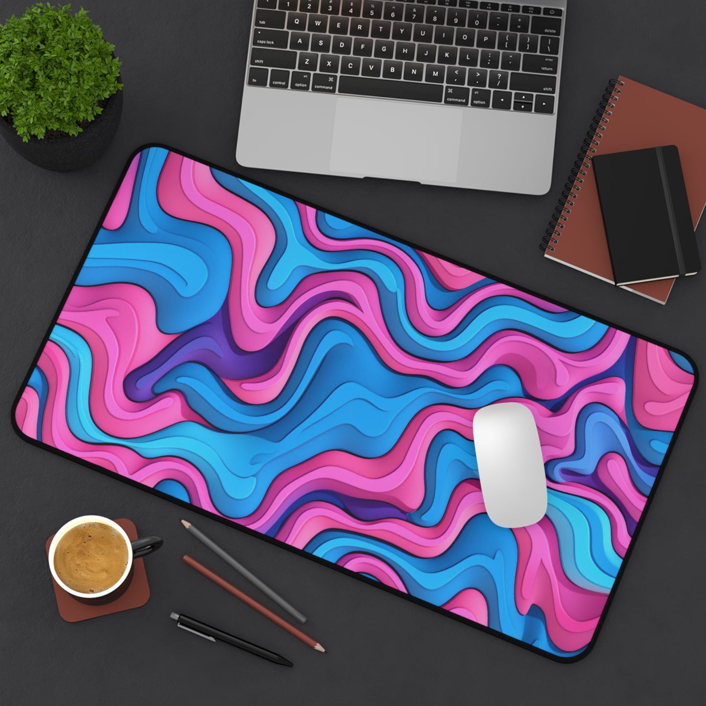 Abstract Pink Blue Waves Desk Mat
