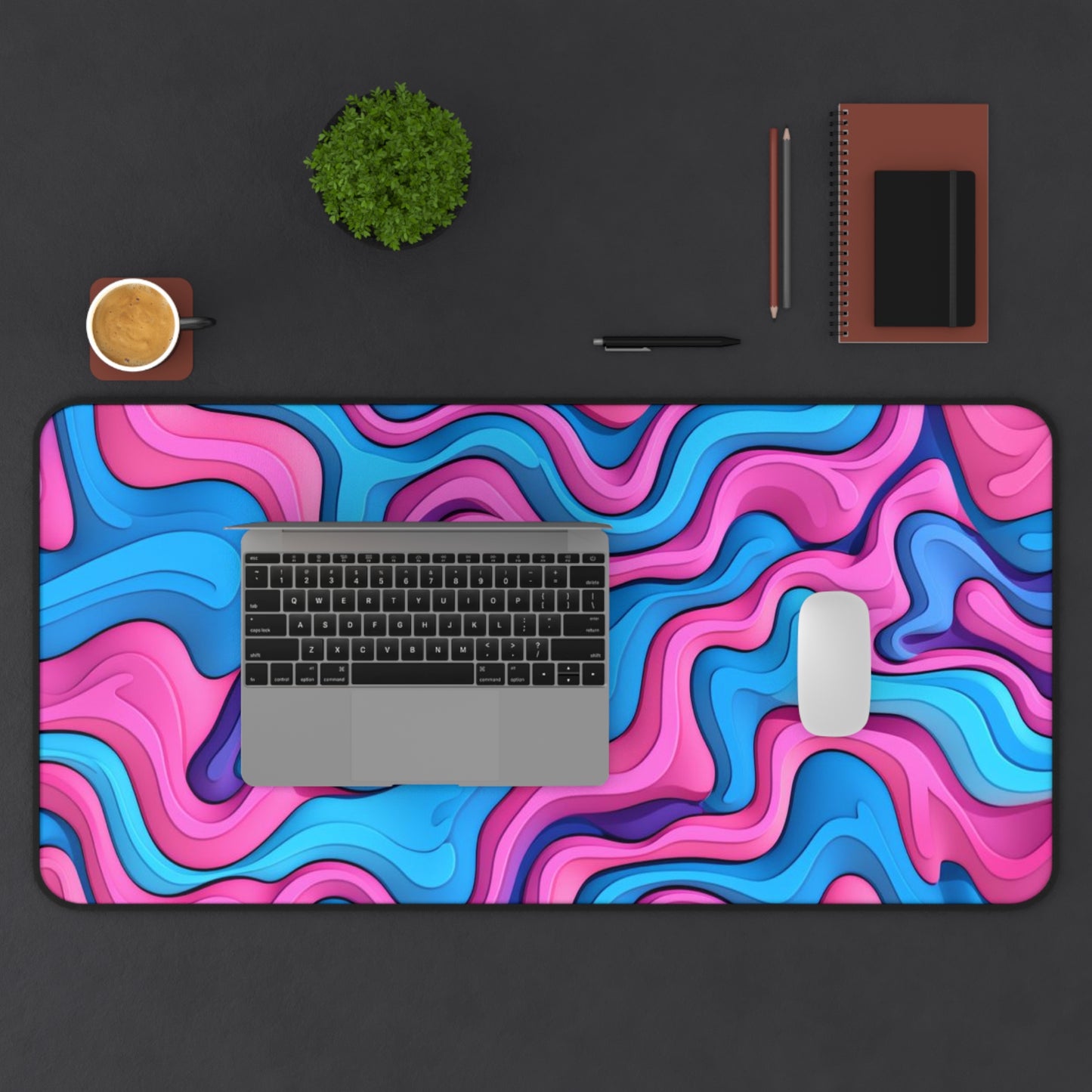Abstract Pink Blue Waves Desk Mat