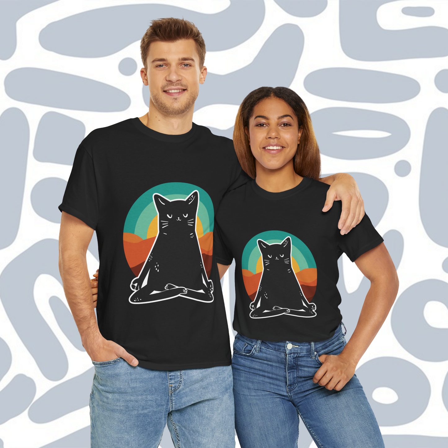 Black Cat in Yoga Position Retro T-Shirt, Funny Unisex tee