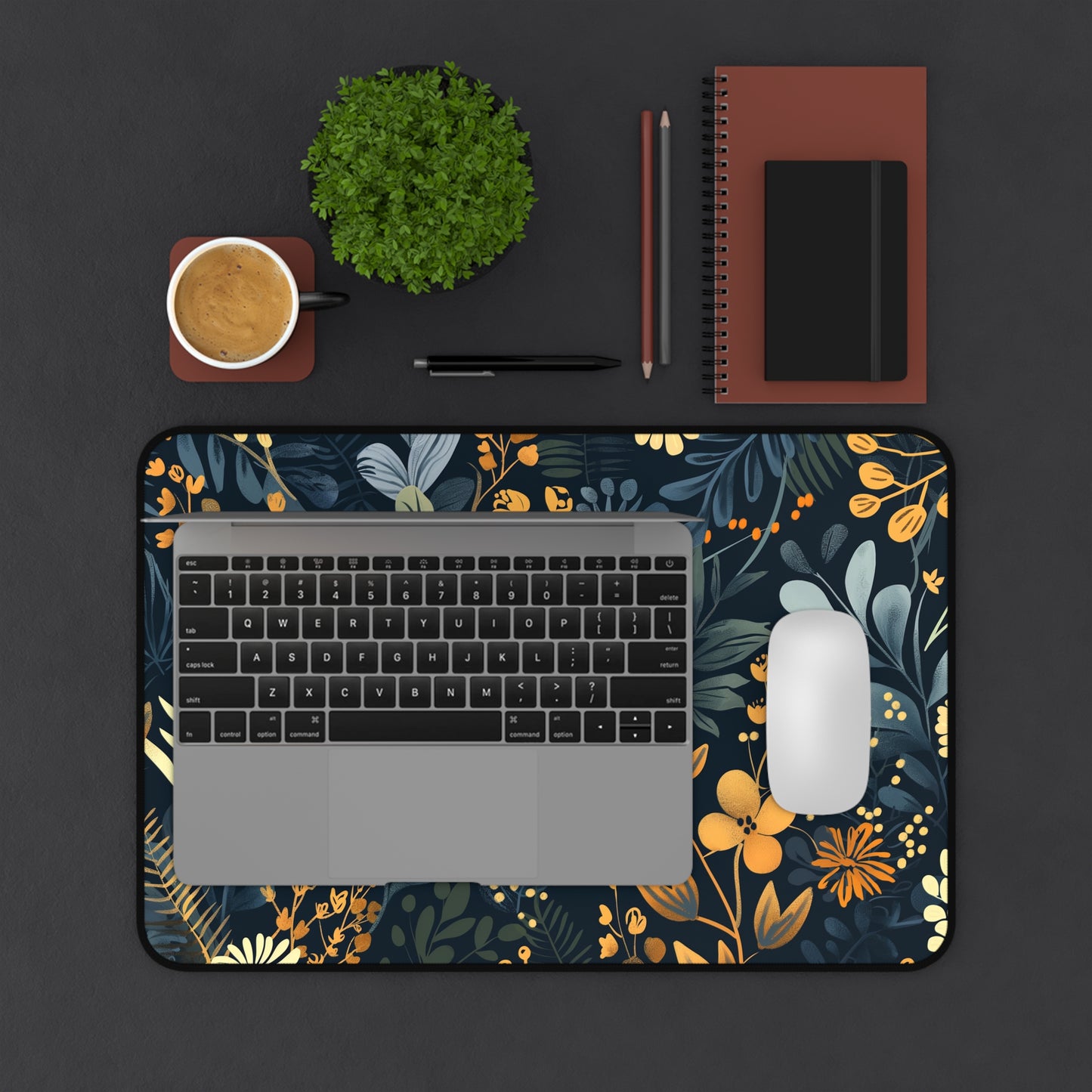 Dark leaves and yellow flowers Desk Mat, Gaming keyboard mat, XXL mousepad