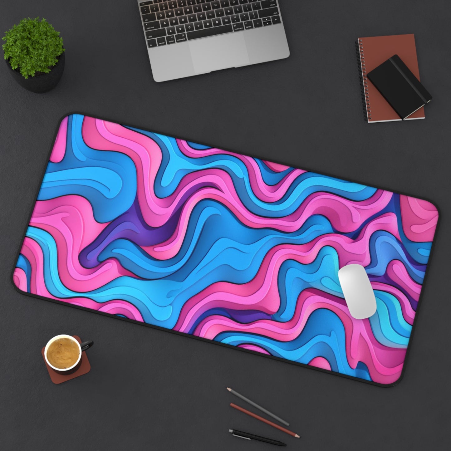 Abstract Pink Blue Waves Desk Mat