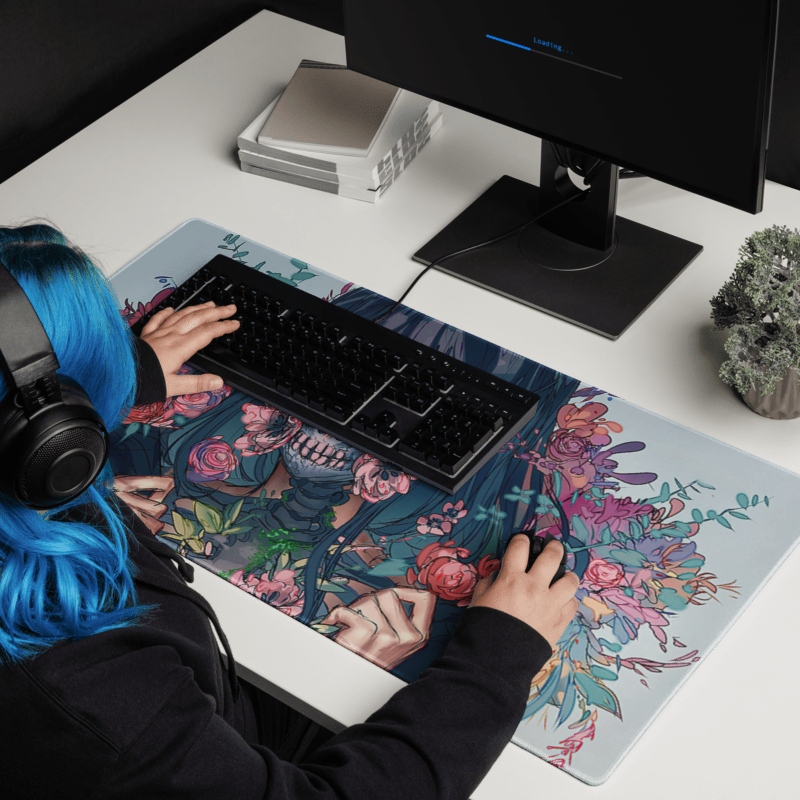 Anime Girl with mask and flowers Desk Mat