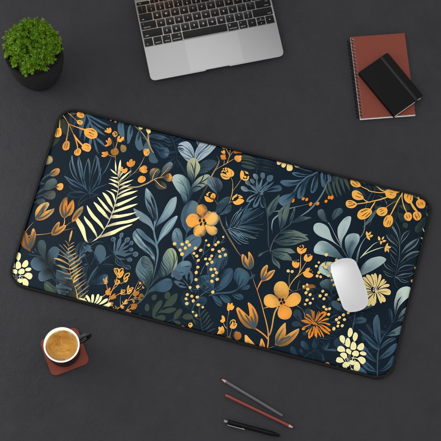 Dark leaves and yellow flowers Desk Mat, Gaming keyboard mat, XXL mousepad