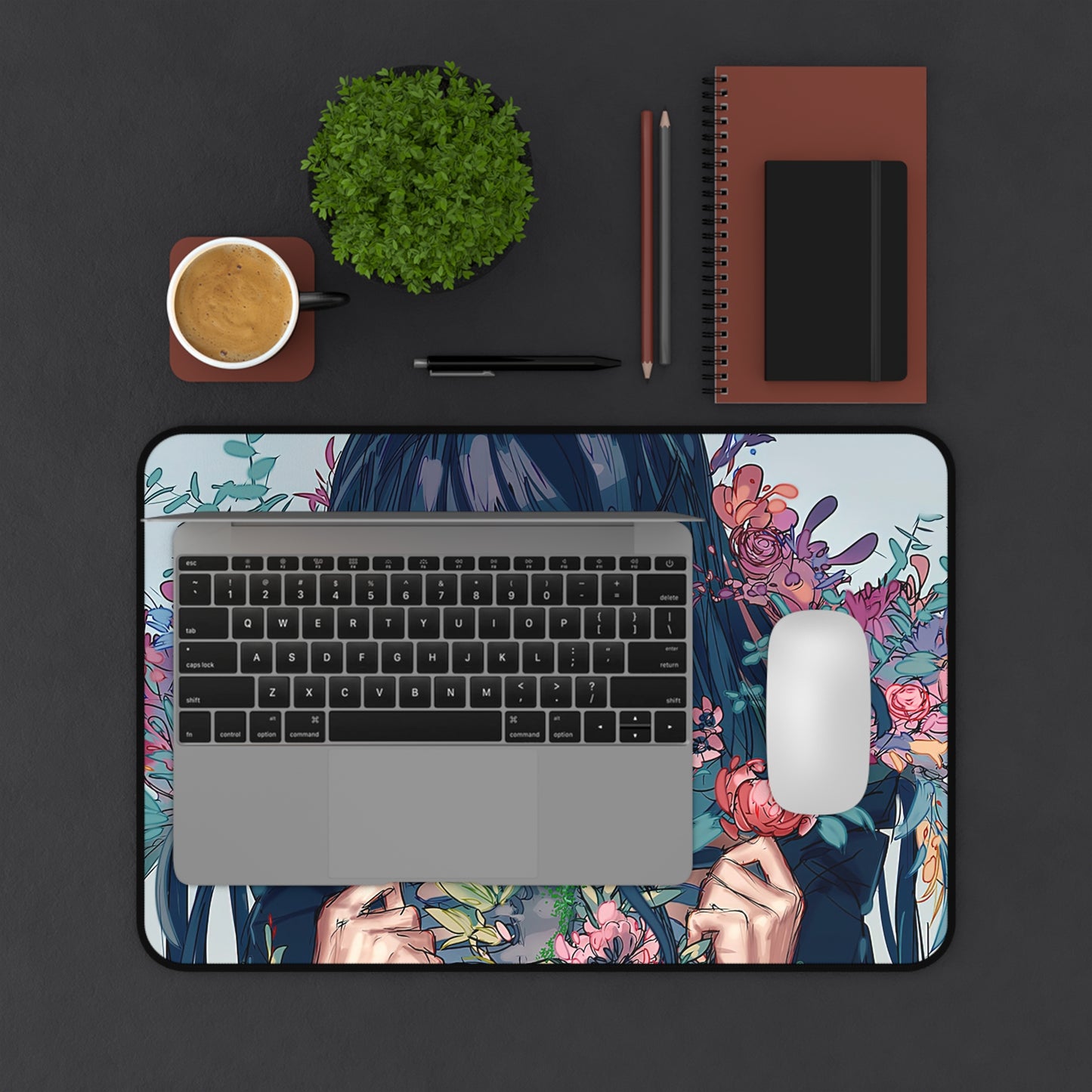 Anime Girl with mask and flowers Desk Mat