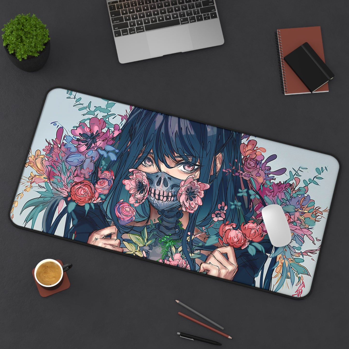 Anime Girl with mask and flowers Desk Mat