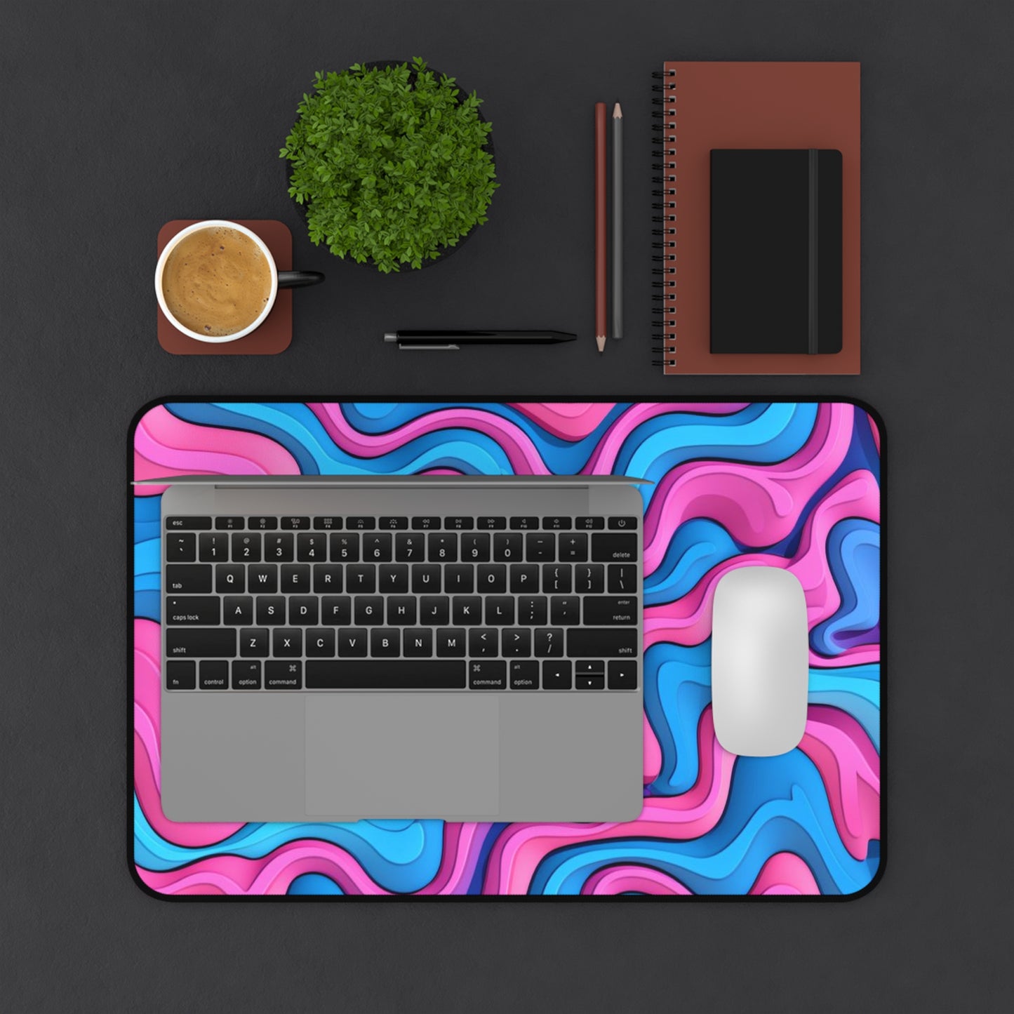 Abstract Pink Blue Waves Desk Mat
