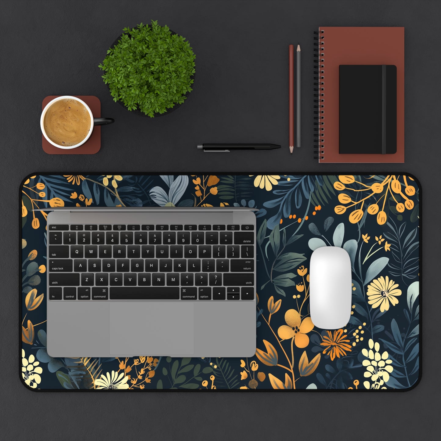 Dark leaves and yellow flowers Desk Mat, Gaming keyboard mat, XXL mousepad