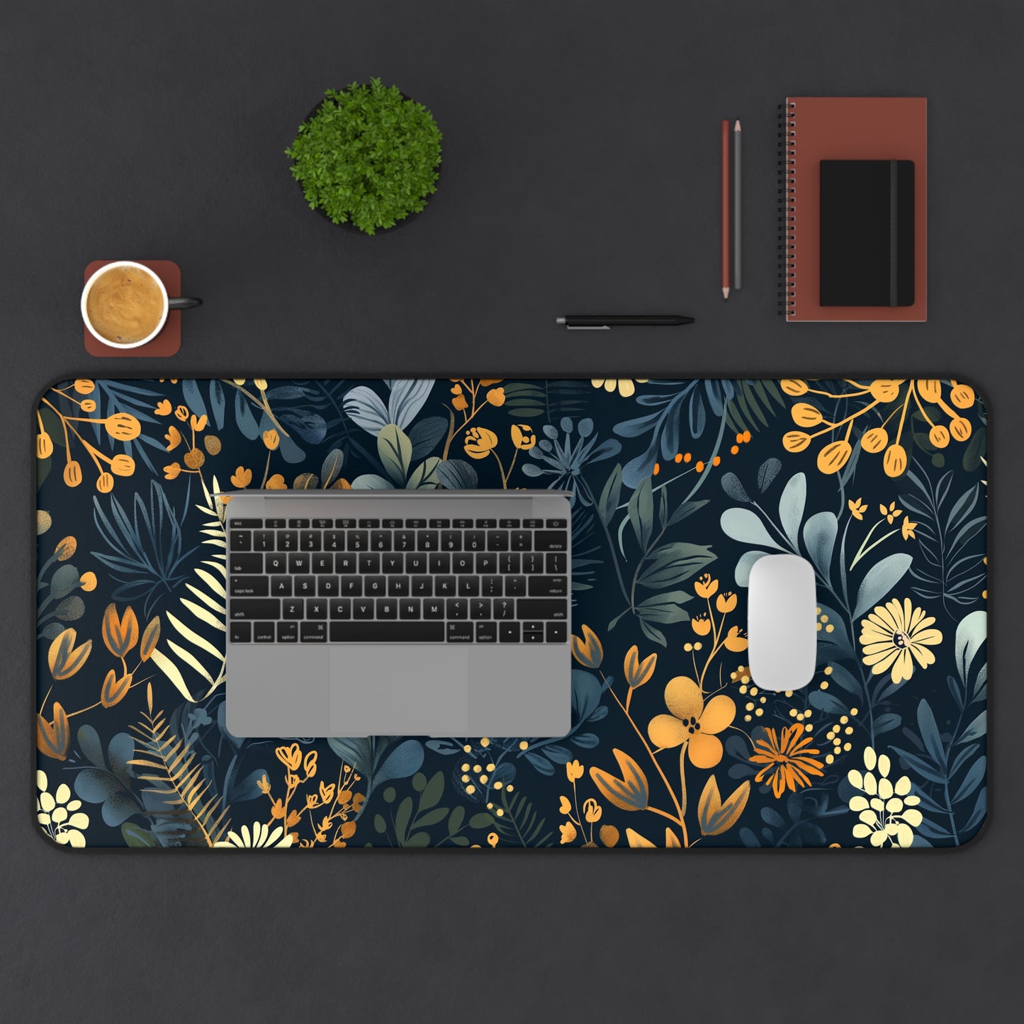 Dark leaves and yellow flowers Desk Mat, Gaming keyboard mat, XXL mousepad