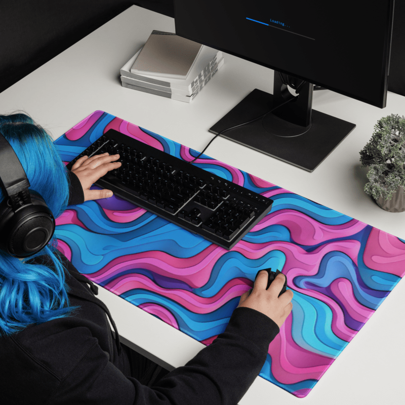 Abstract Pink Blue Waves Desk Mat