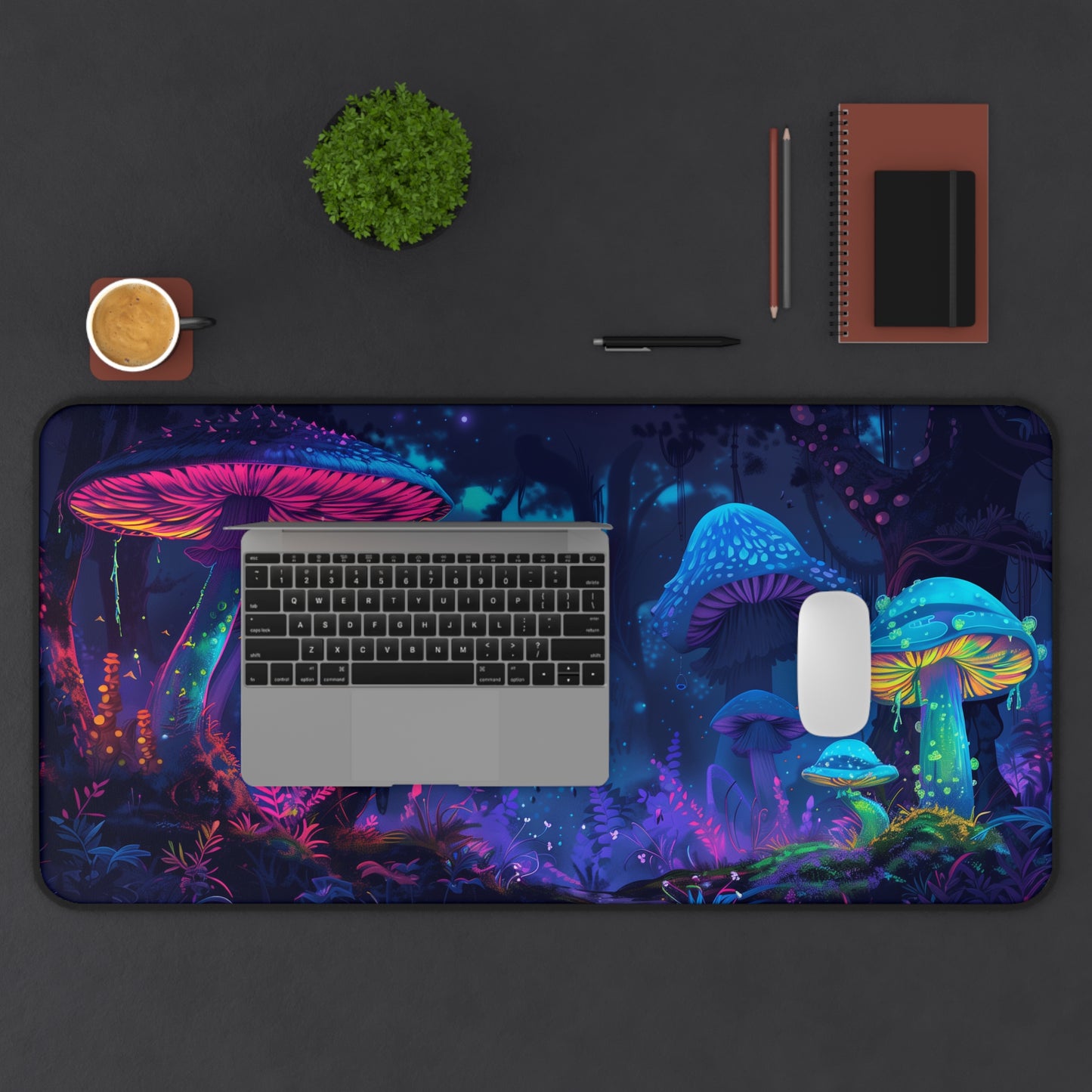 neon mushrooms Desk Mat, Psychedelic gaming mouse mat, XXL deskpad mouse pad