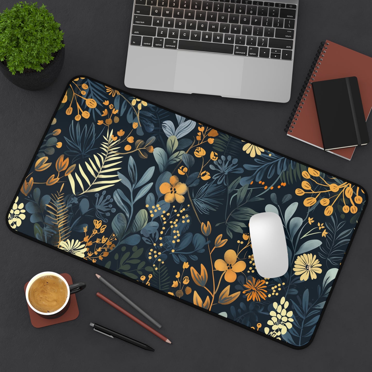 Dark leaves and yellow flowers Desk Mat, Gaming keyboard mat, XXL mousepad