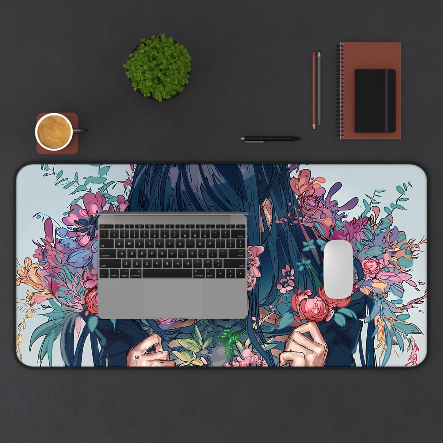 Anime Girl with mask and flowers Desk Mat