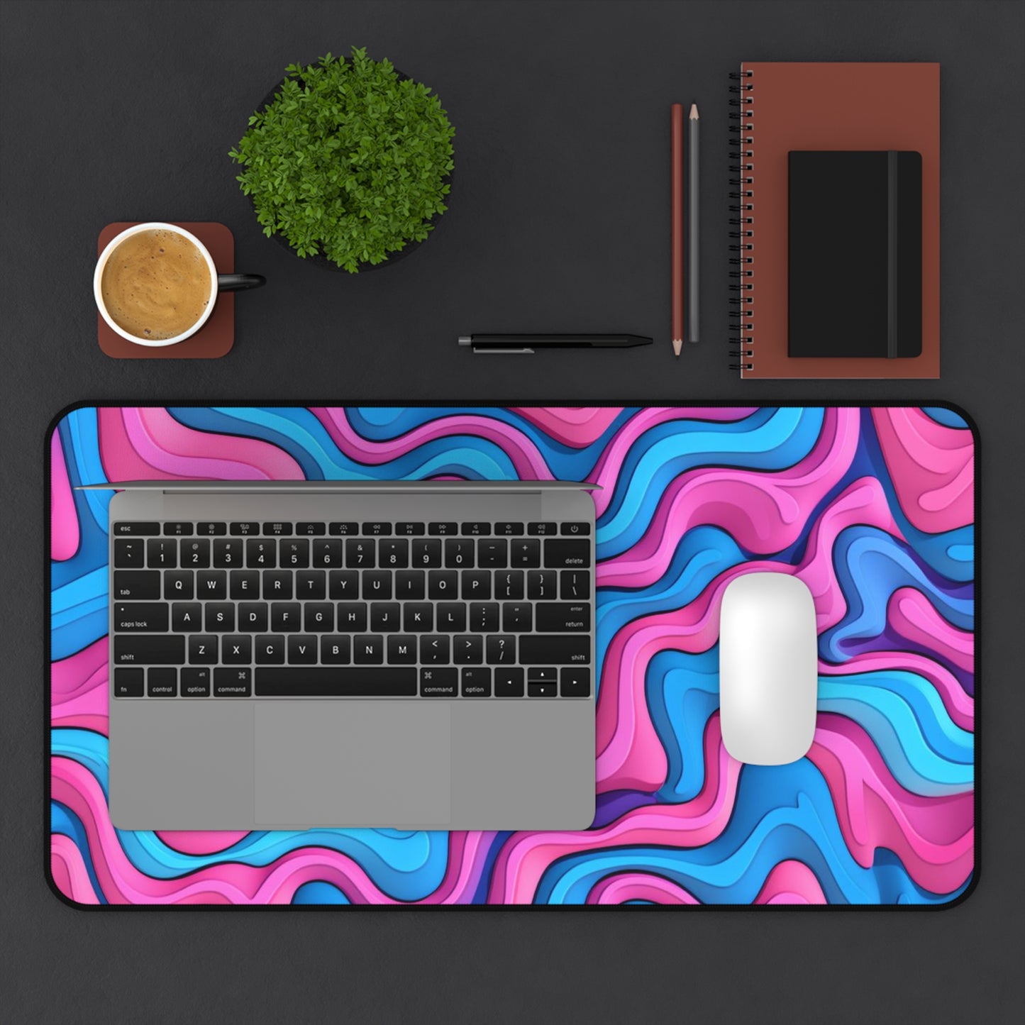 Abstract Pink Blue Waves Desk Mat
