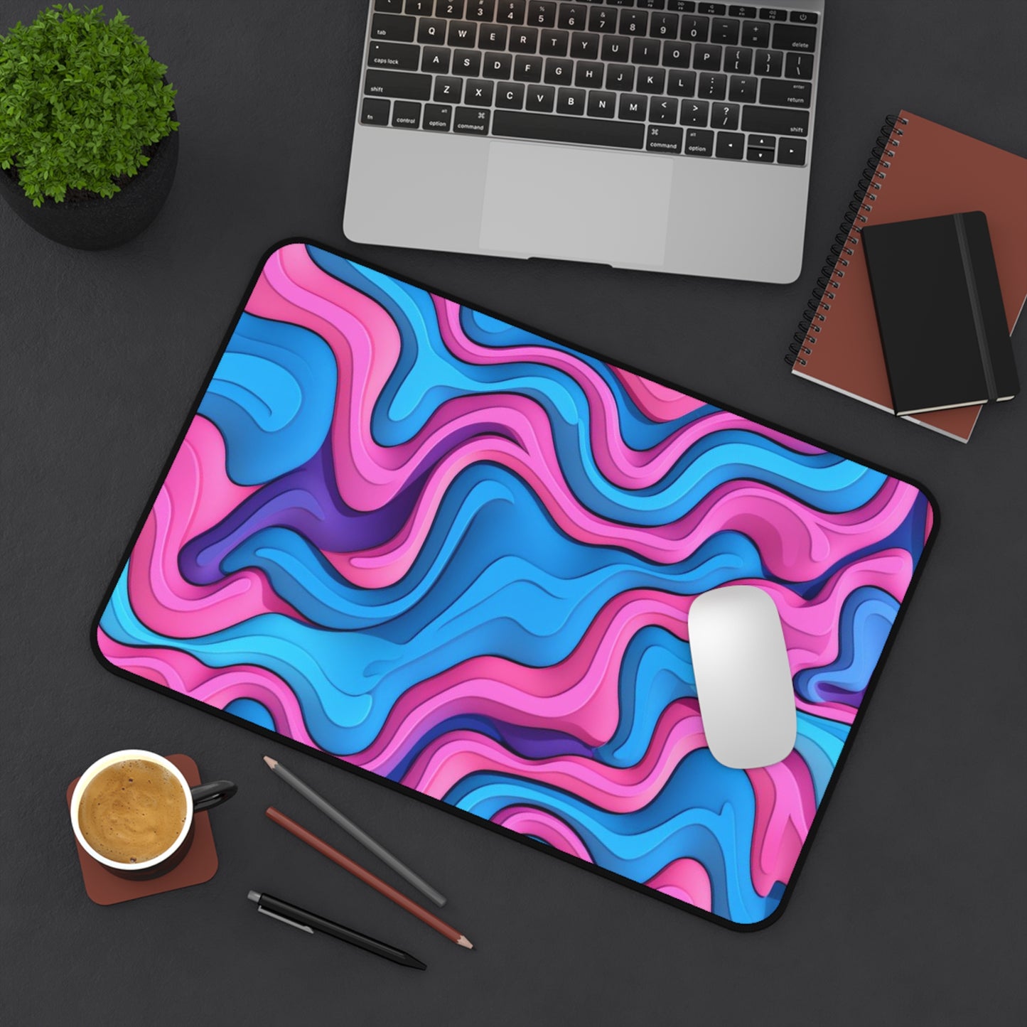 Abstract Pink Blue Waves Desk Mat