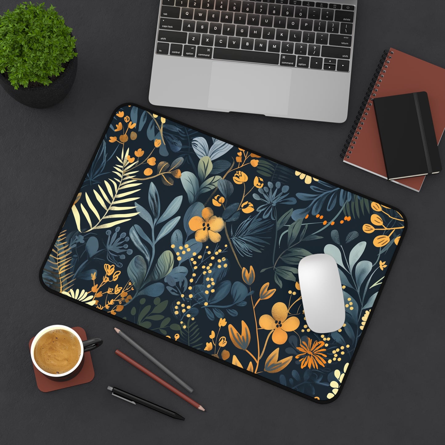 Dark leaves and yellow flowers Desk Mat, Gaming keyboard mat, XXL mousepad