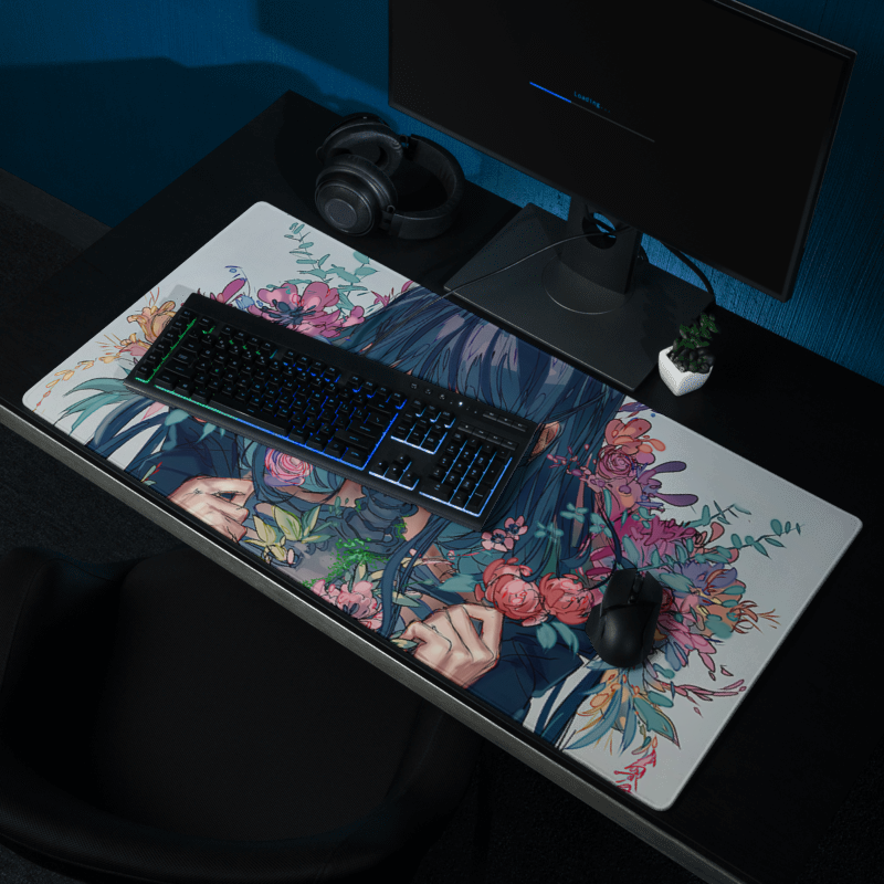 Anime Girl with mask and flowers Desk Mat
