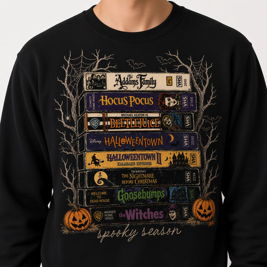 Spooky Season Halloween VHS Movie Stack Sweatshirt