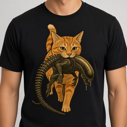 Funny Orange Cat Carrying an Alien Space Monster T-Shirt