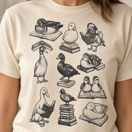 Cute Retro T-Shirt with Reading Ducks for Book Lovers