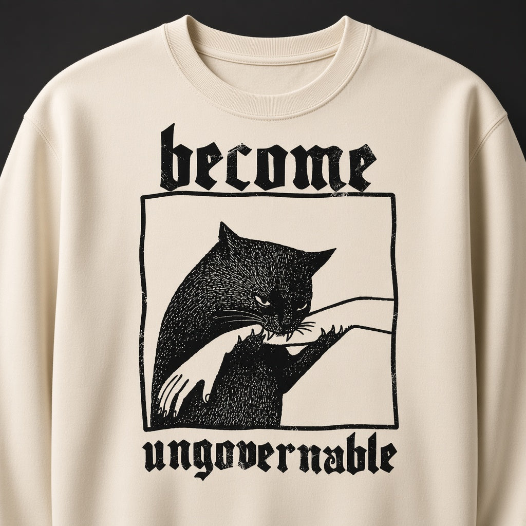 Sweatshirt with a Funny Print Become Ungovernable: Cat Biting a Hand, Vintage Print