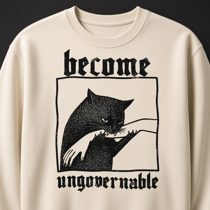 Sweatshirt with a Funny Print Become Ungovernable: Cat Biting a Hand, Vintage Print