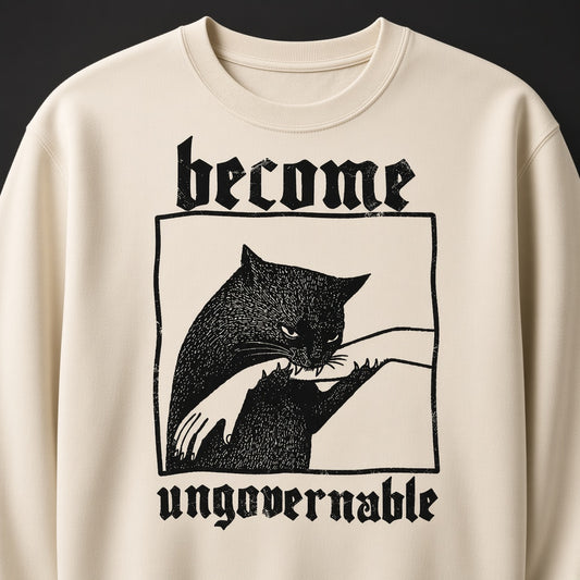 Sweatshirt with a Funny Print Become Ungovernable: Cat Biting a Hand, Vintage Print