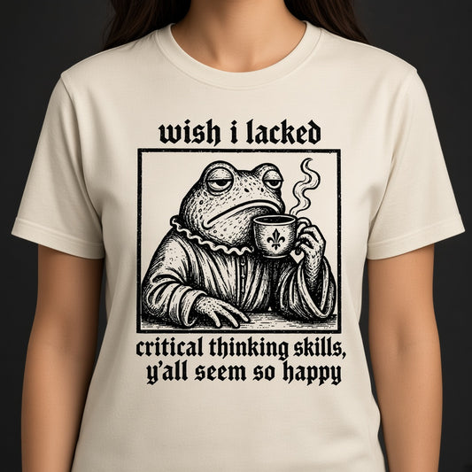 Funny Frog Coffee T-Shirt with a Critical Thinking Joke