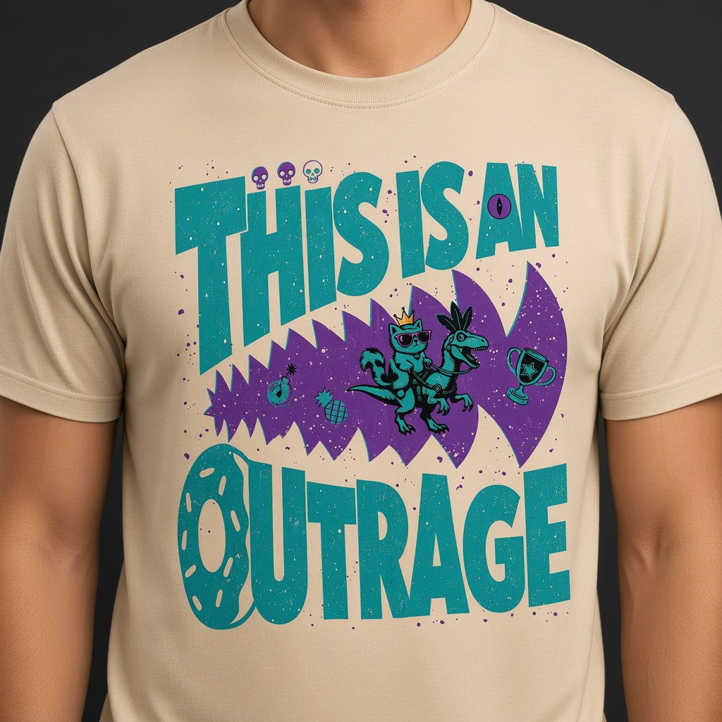 This Is an Outrage Funny Grumpy Cat Riding a T-Rex T-Shirt