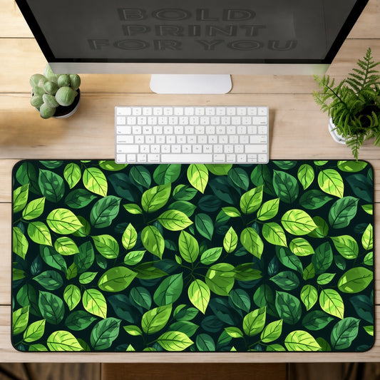 Illustrated Green Leaves on a Dark Desk Mat