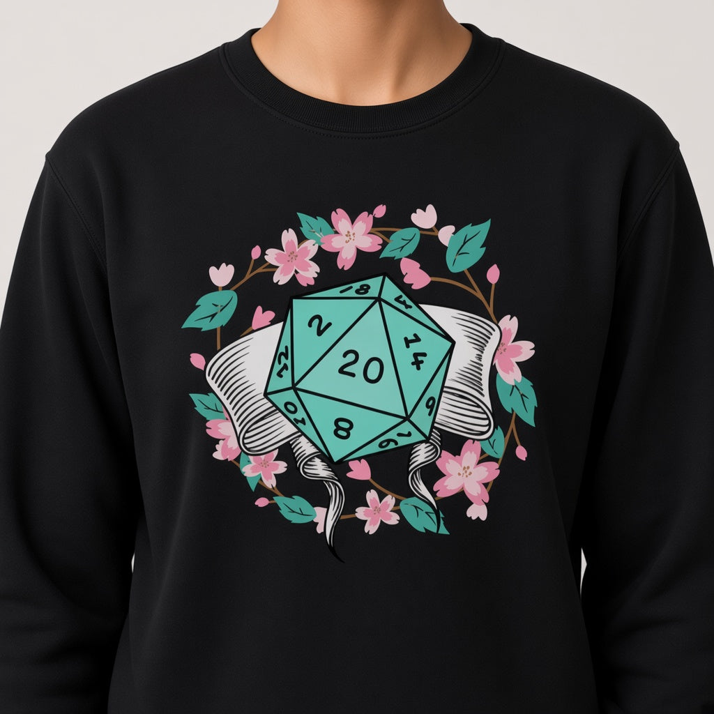 Floral D20 Dice Sweatshirt with Cherry Blossoms for RPG