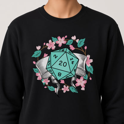 Floral D20 Dice Sweatshirt with Cherry Blossoms for RPG