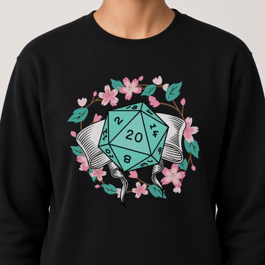 Floral D20 Dice Sweatshirt with Cherry Blossoms for RPG