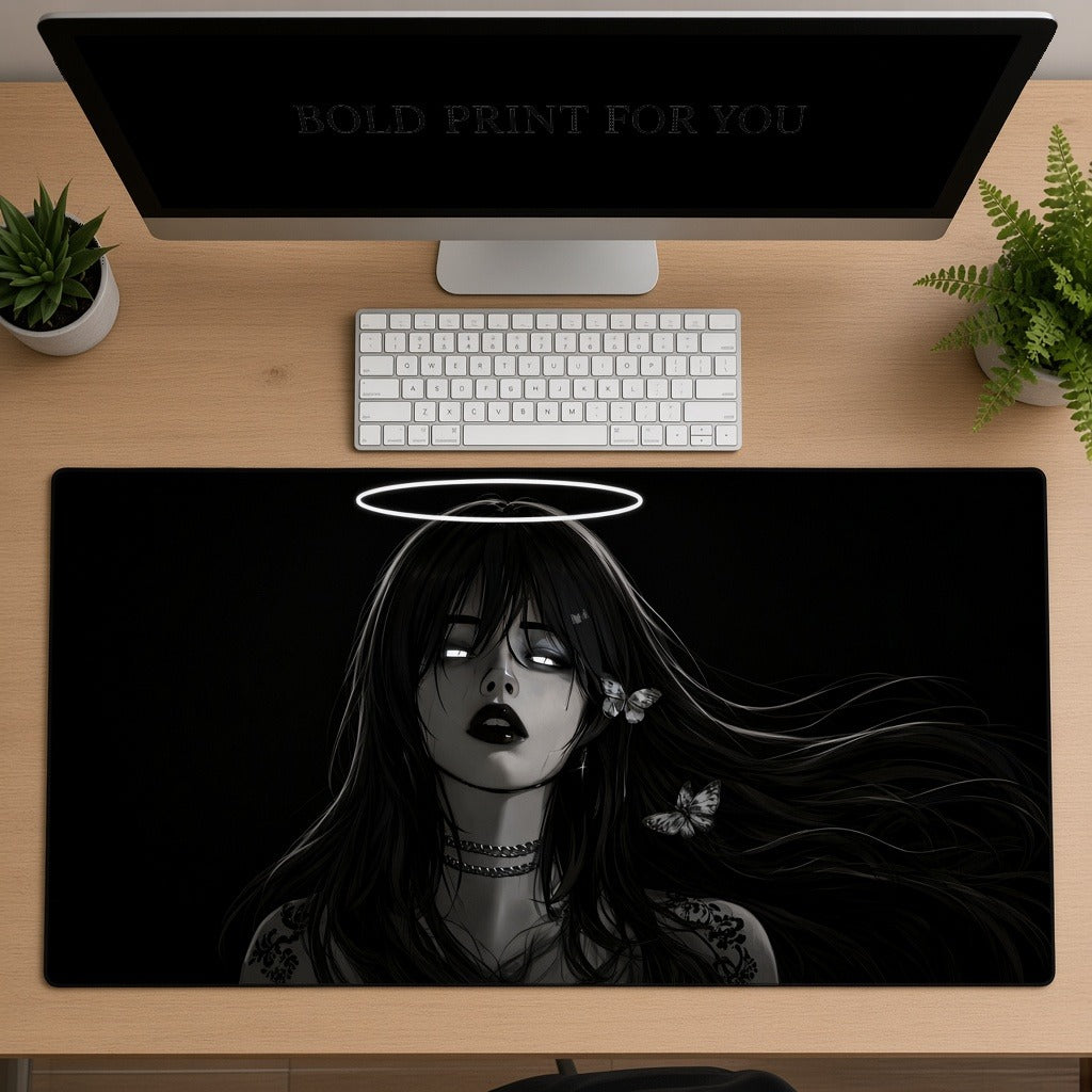 Gothic Anime Girl with a White Halo Desk Mat