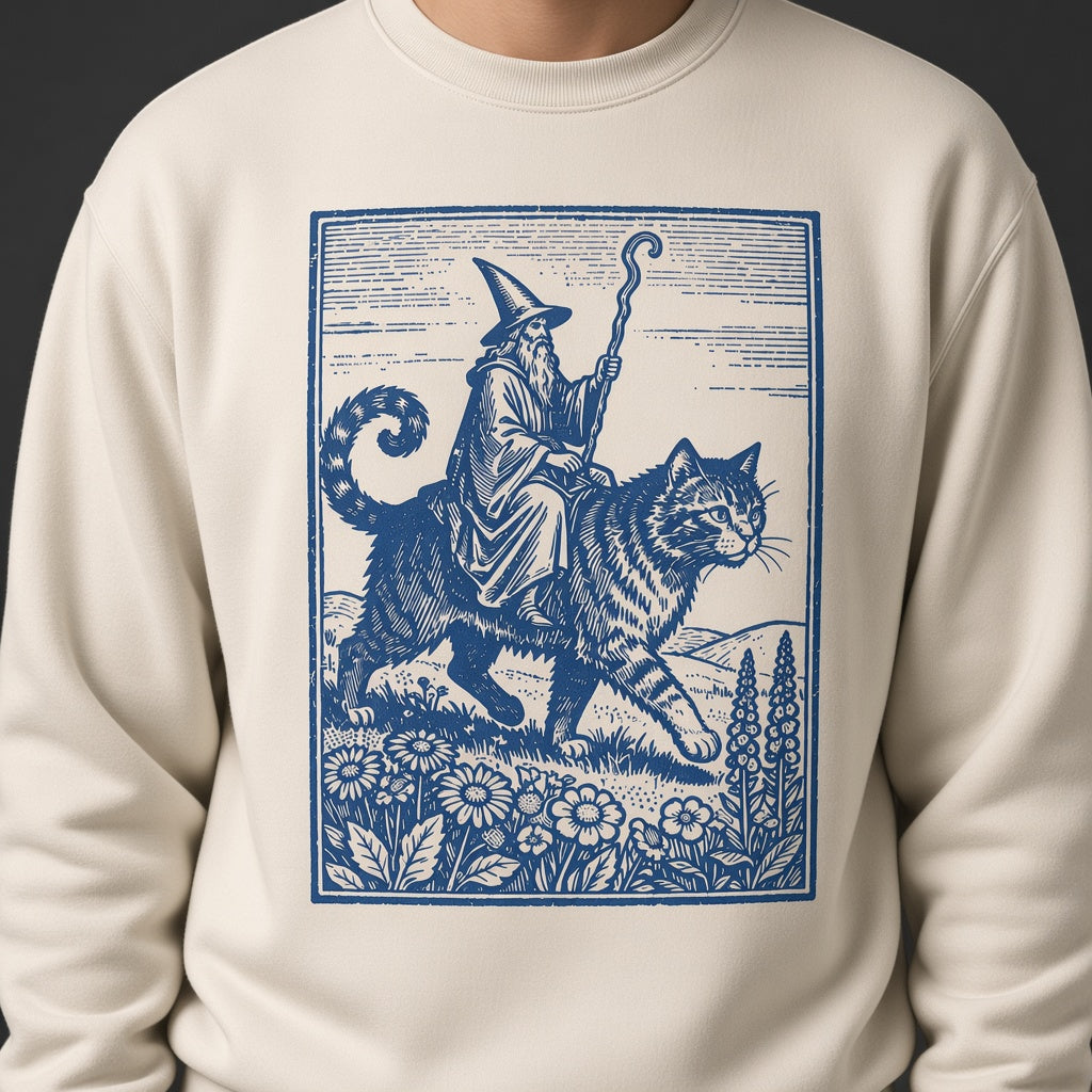 Wizard Cat Rider Retro Fantasy Graphic Print Sweatshirt