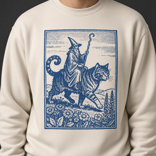 Wizard Cat Rider Retro Fantasy Graphic Print Sweatshirt