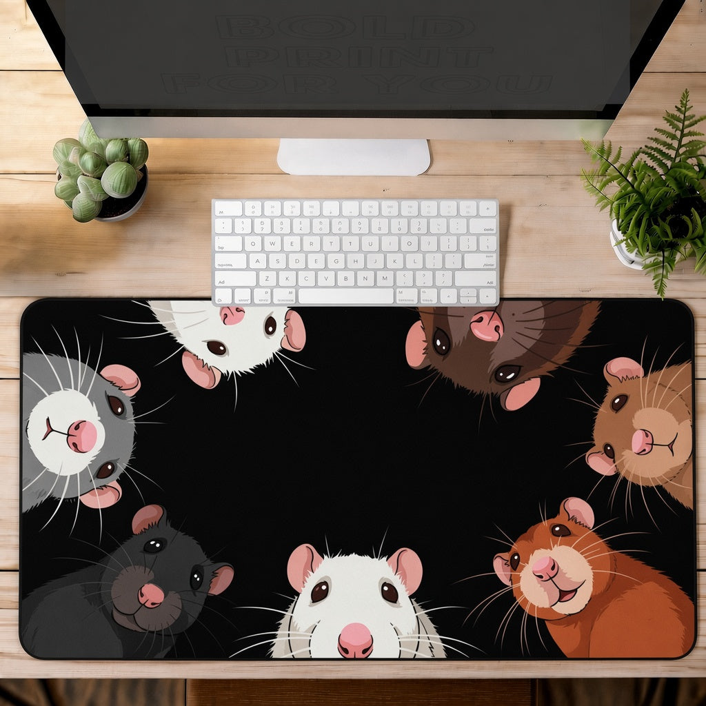 Cute Rats Peeking In on a Black Desk Mat
