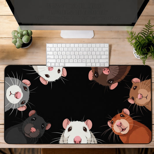 Cute Rats Peeking In on a Black Desk Mat