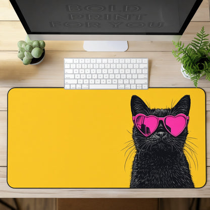 Cool Black Cat in Pink Heart Sunglasses Desk Mat