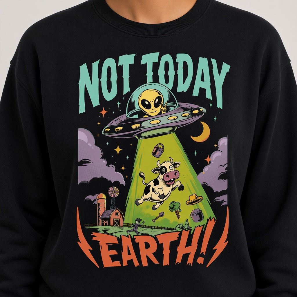 Not Today Earth Funny Alien UFO Sweatshirt