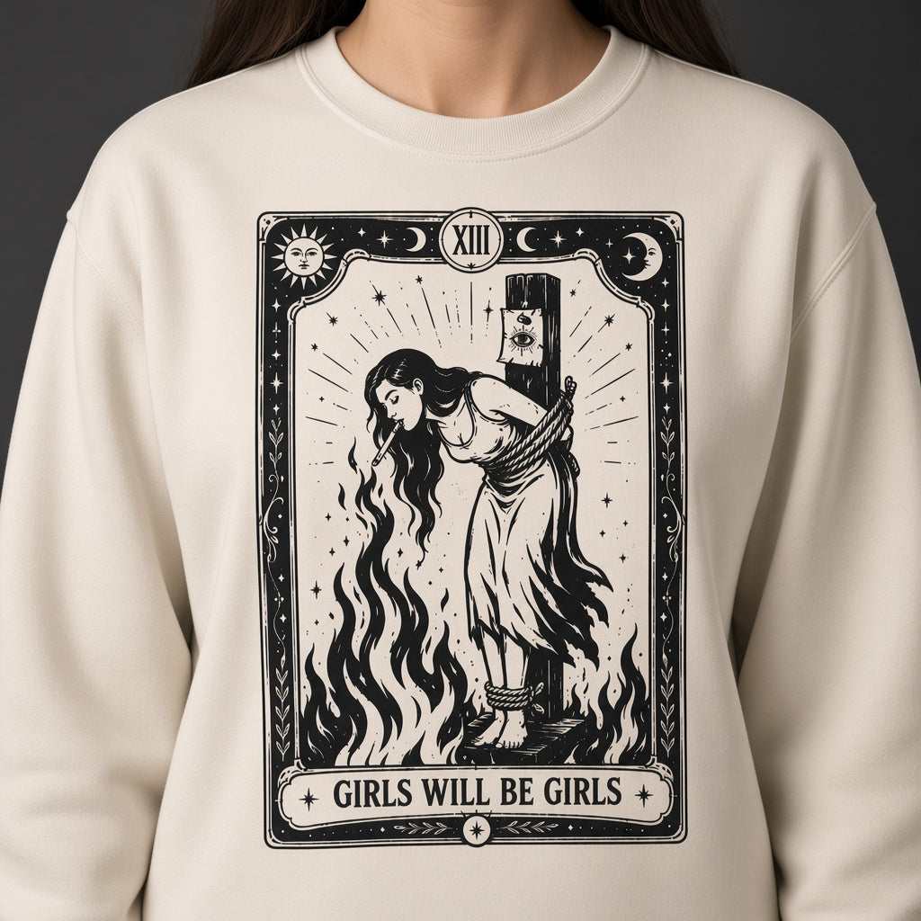 Girls Will Be Girls Witch With Cigarette Feminist Halloween Women's Rights Sweatshirt