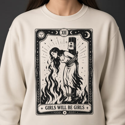 Girls Will Be Girls Witch With Cigarette Feminist Halloween Women's Rights Sweatshirt