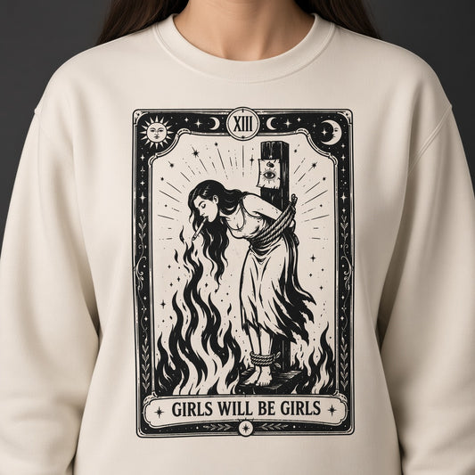 Girls Will Be Girls Witch With Cigarette Feminist Halloween Women's Rights Sweatshirt