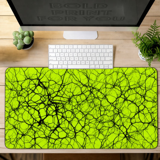 Neon Yellow and Black Neural Web Abstract Desk Mat