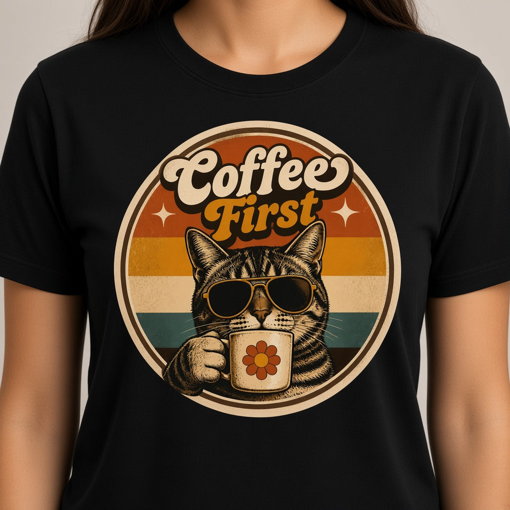 Coffee First Retro Cat T-Shirt on a black shirt