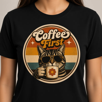 Coffee First Retro Cat T-Shirt on a black shirt